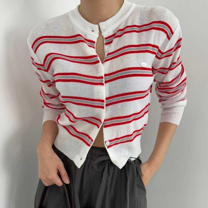 Korean version of autumn light and comfortable contrasting stripes slimming knitwear versatile cardigan long-sleeved jacket for women