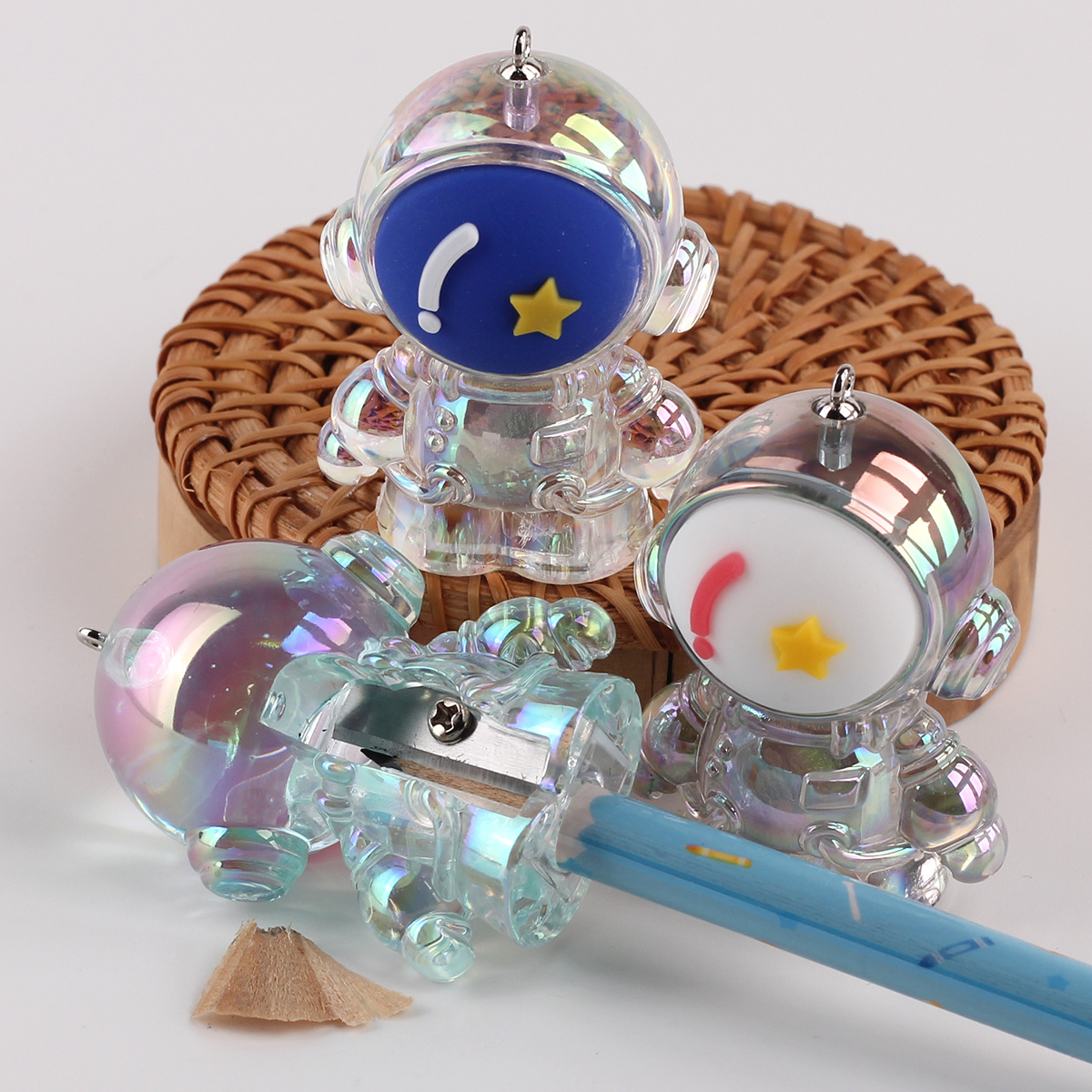 Picture of Electroplating colorful cartoon cute astronaut pencil sharpener pendant DIY astronaut key chain stationery accessories