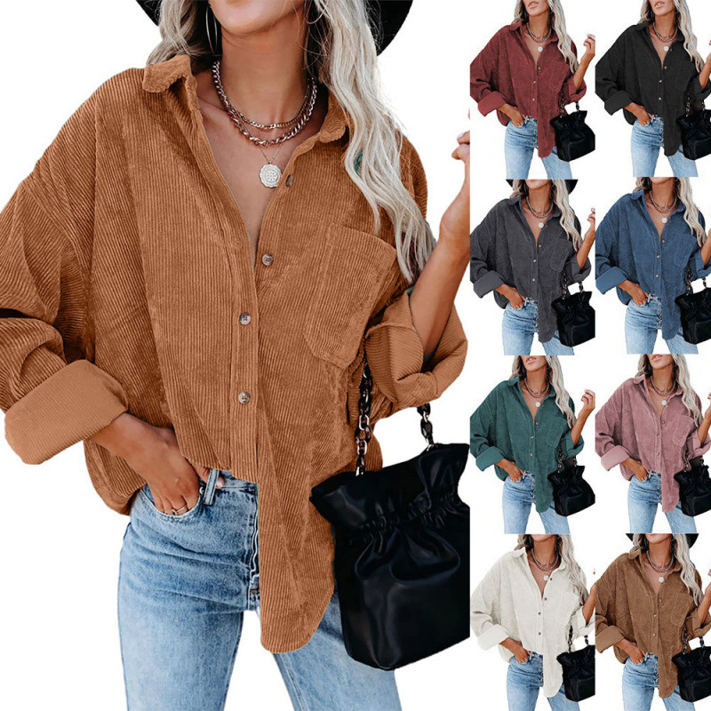 Autumn and Winter Women's Clothing Cross-Border European and American Export Oversize Loose Casual Corduroy Shirt for Women