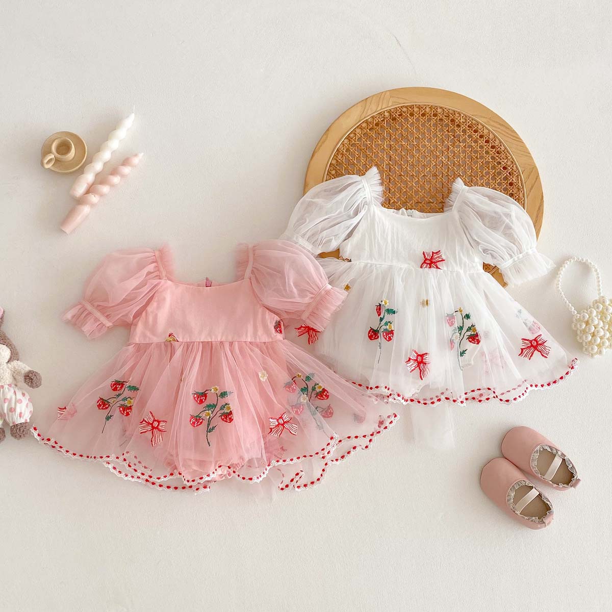 Summer New Puff Sleeve Bag Fart Clothes Baby Girl Embroidered Bow Mesh Princess Dress 100 Days Outfit