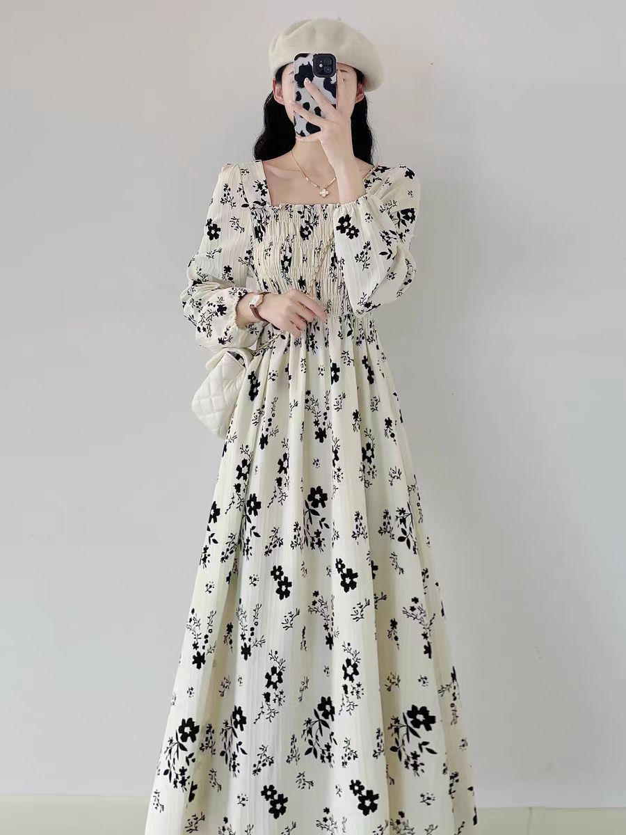 Spring 2024 New Women's Floral dress Skirt Long Sleeve Autumn and Winter Inner Waistline Slimming Base Skirt Long Skirt