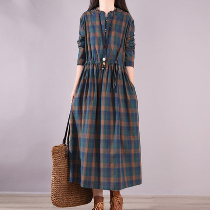 2022 Spring New plus size women's clothing retro waist slimming lace-up mid-length plaid dress