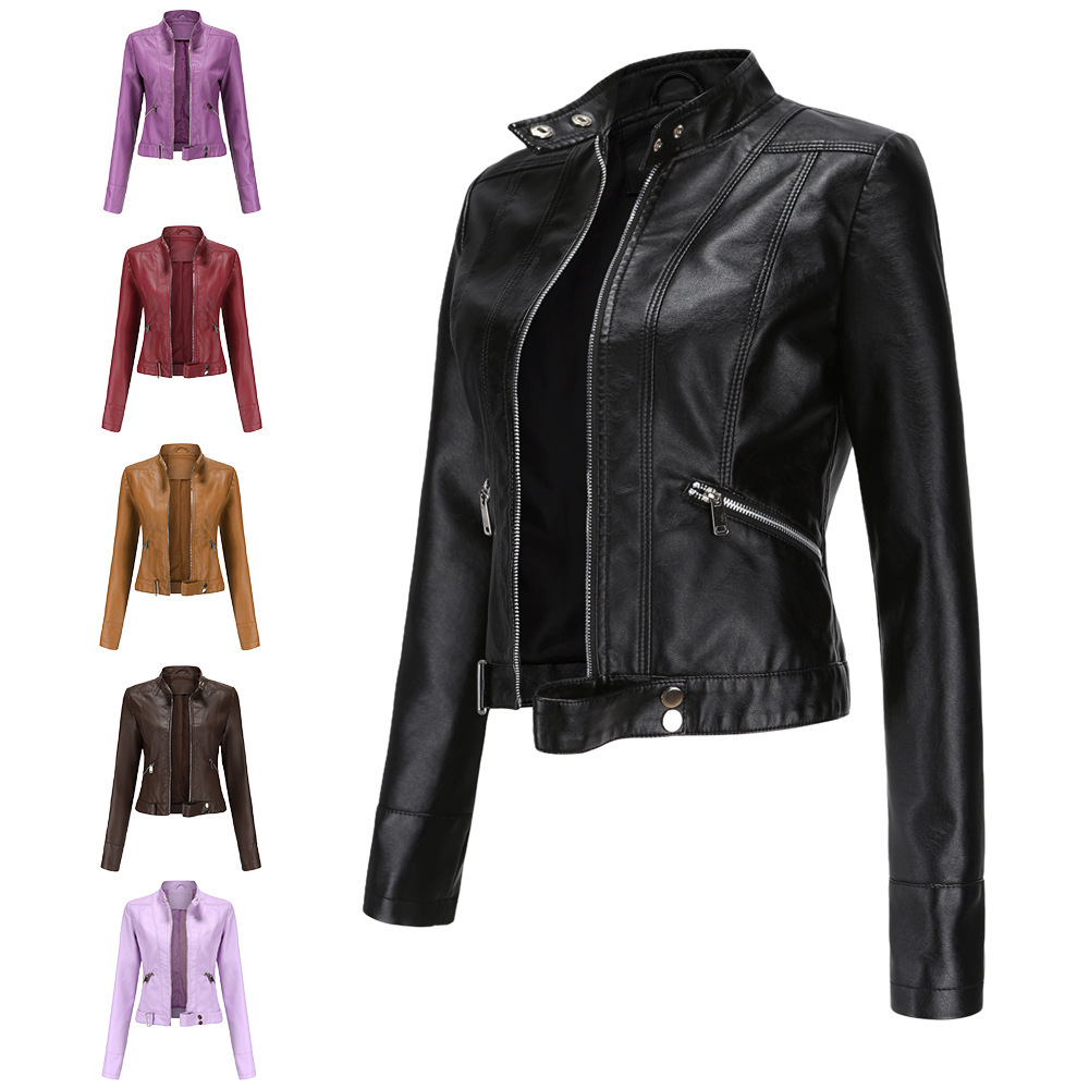 2021 new leather jacket women's short jacket spring and autumn stand-up collar women's leather jacket cross-border women's thin leather jacket