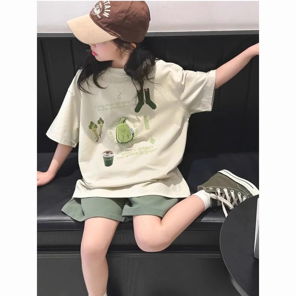 Girls Stereo Printed T-Shirt Shorts Suit 20252025 New Medium and Large Children Loose Casual Cute Two-Piece Set
