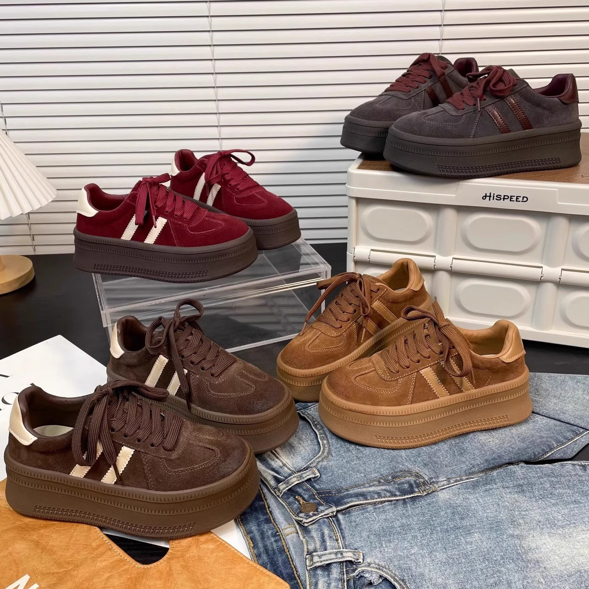 Angora Red Autumn and Winter New Color-Blocked Retro Moral Training Shoes for Women Frosted Genuine Leather Platform Casual Sports Thick-Soled Sneakers