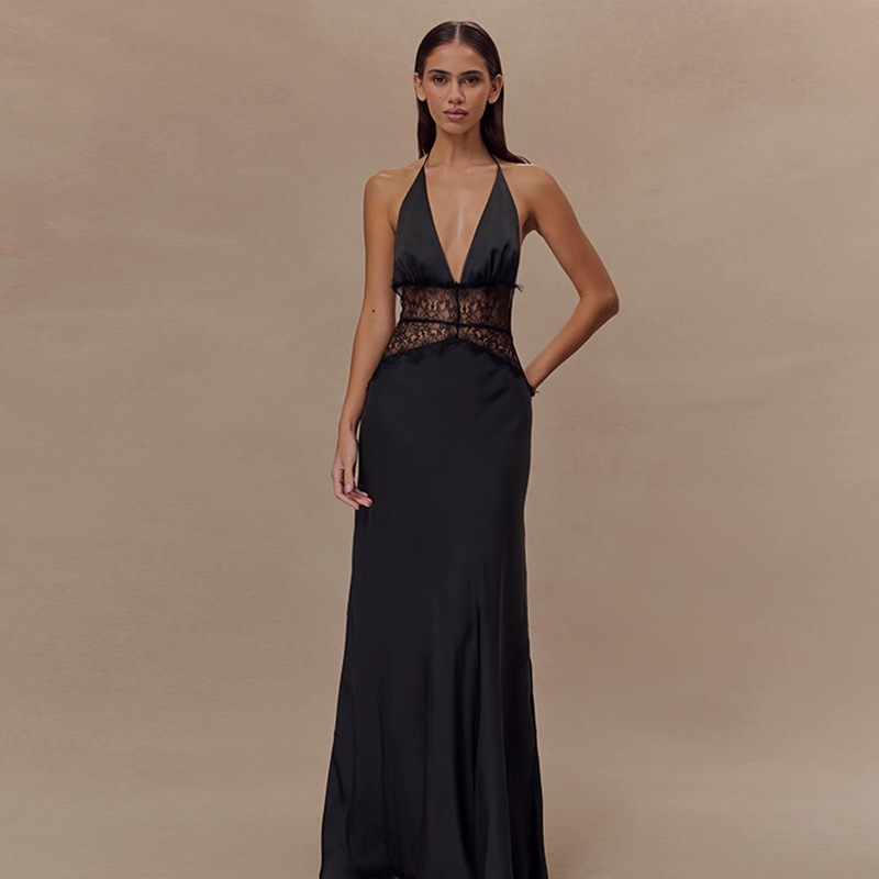 Jy25195 Elegant Dress Long Skirt European and American New Sexy Backless Suspender Skirt V-Neck Lace Dress