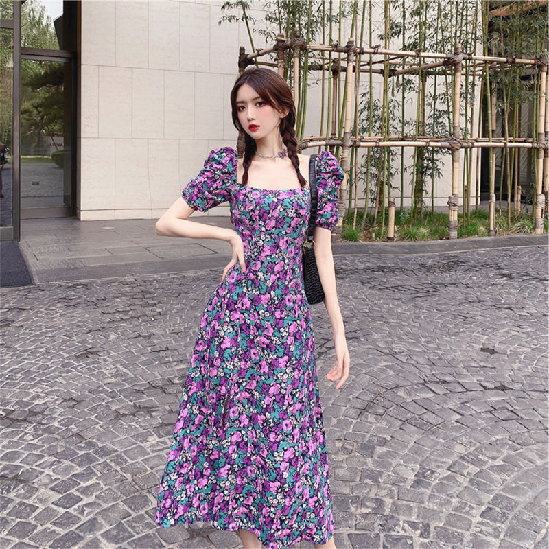 Large Size Floral 2022 Dress Women's Summer Purple Puff Sleeve Split Retro French Long Dress Fat Girl Fairy Dress