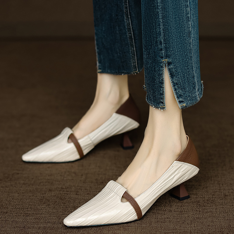 Paris Encounter ~ Temperament Pointed Color Split Slip-on Shoes Women's Shallow Mouth Retro Cat Heel High Heels