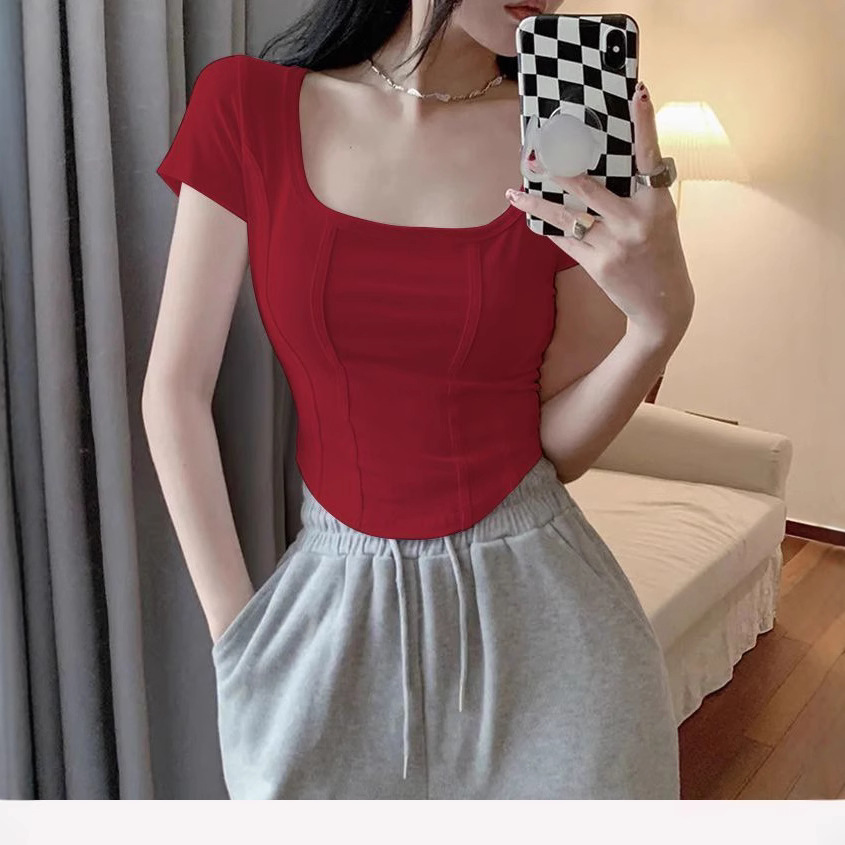 Picture of [95 Cotton 5 Spandex] Shoulder Fish Bone Short Sleeve T-Shirt Women's Summer Slim-fit Niche Slimming Short Pure Sweet Top
