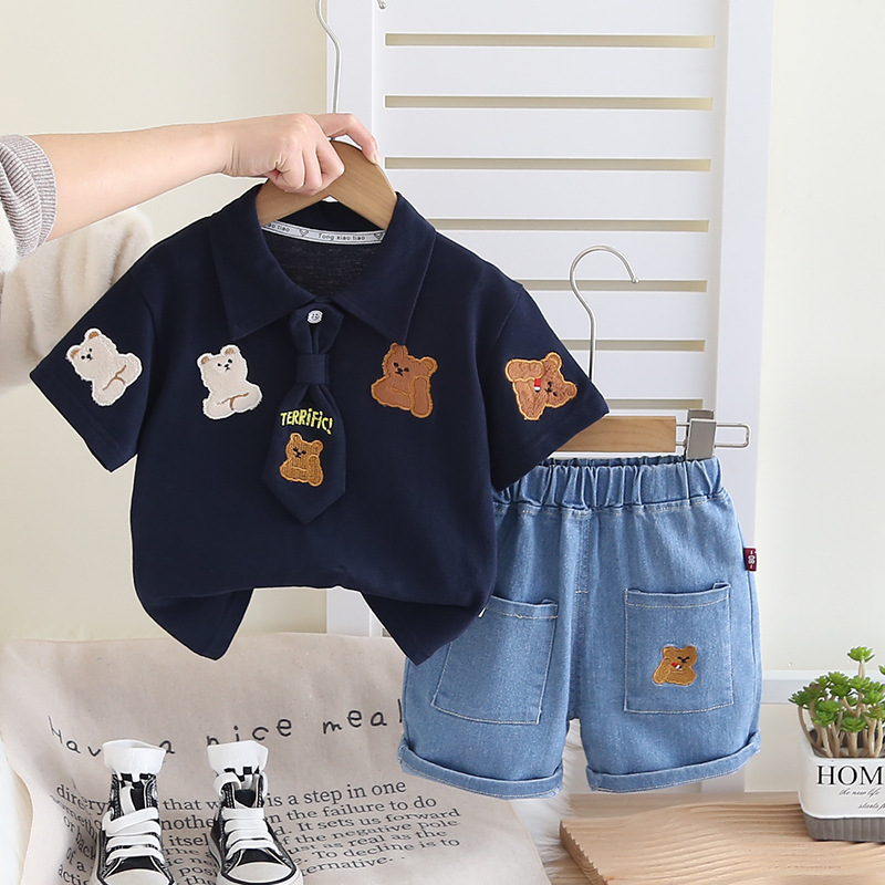 New summer boys lapel collar letter printing short sleeve casual Denim pants two-piece factory wholesale