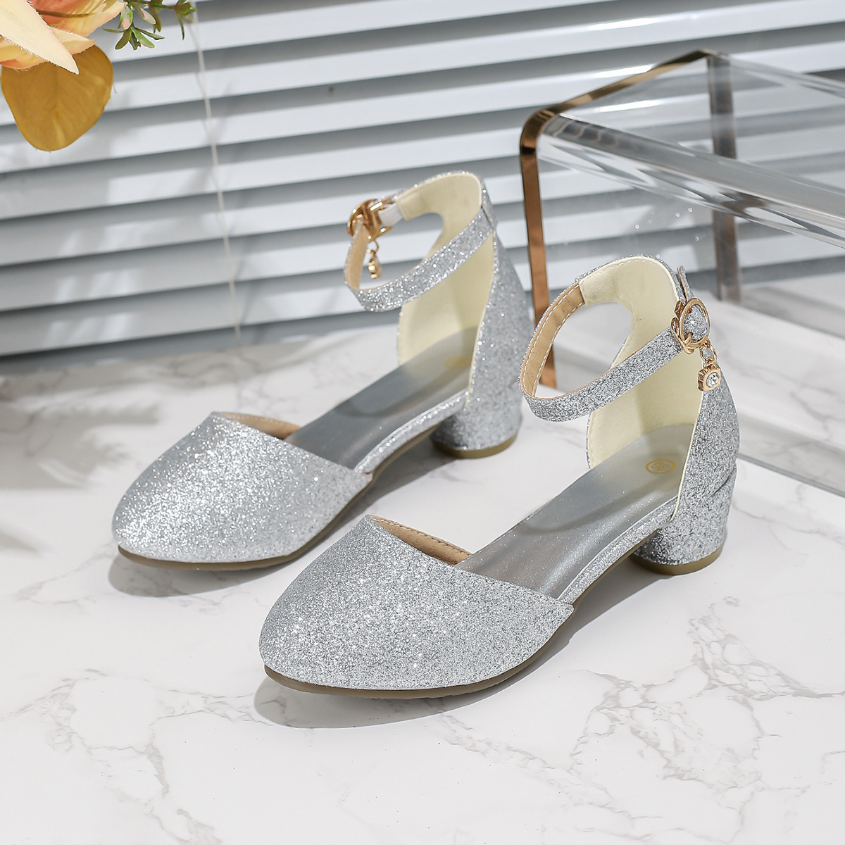 Girls' Sandals Little Girls' Piano Performance Stage Crystal Single Shoes Children's Large Children's Pearl Princess High Heel Leather Shoes
