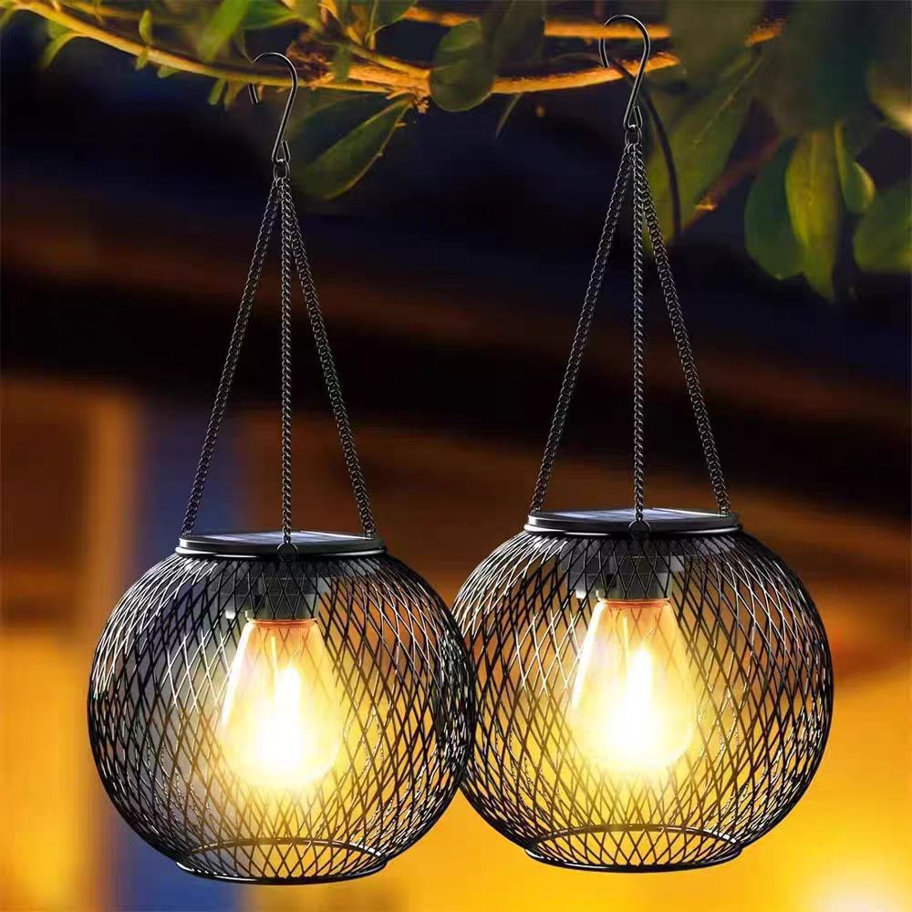 Picture of Amazon Solar Iron Lantern Lamp Retro Net Chandelier Outdoor Garden Courtyard Decoration Hollow Lantern Super Bright