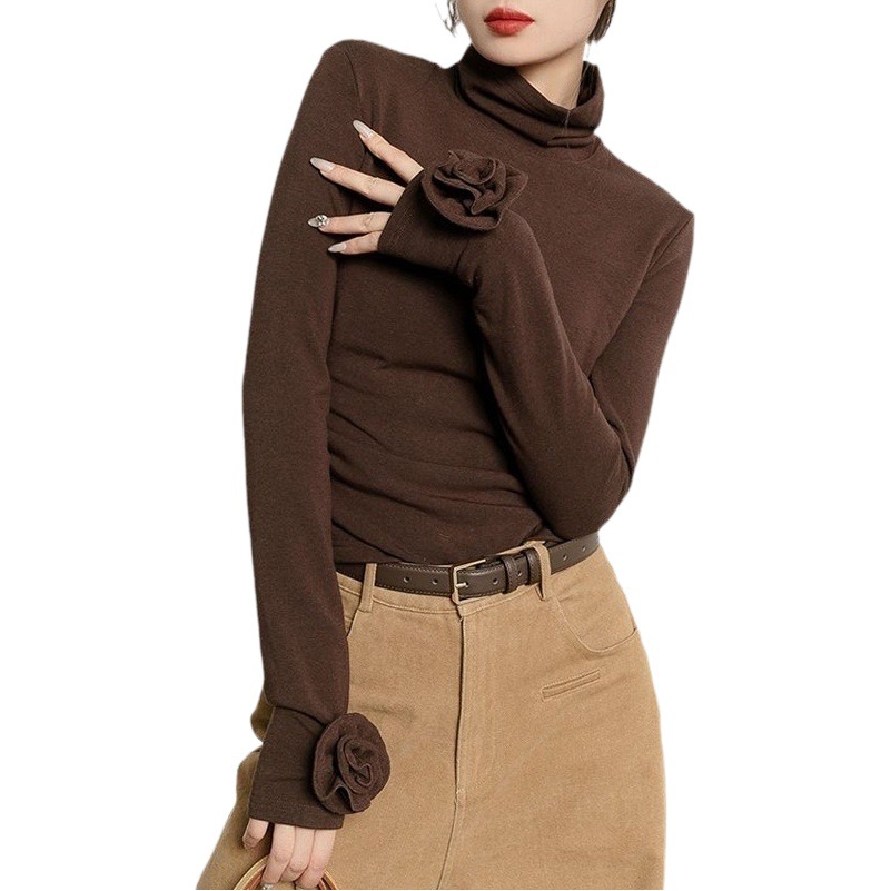 2024 New Autumn and Winter Exquisite Tie-Down Maillard Brown Turtleneck Bottoming Shirt Women's Slim Long-Sleeved T-Shirt