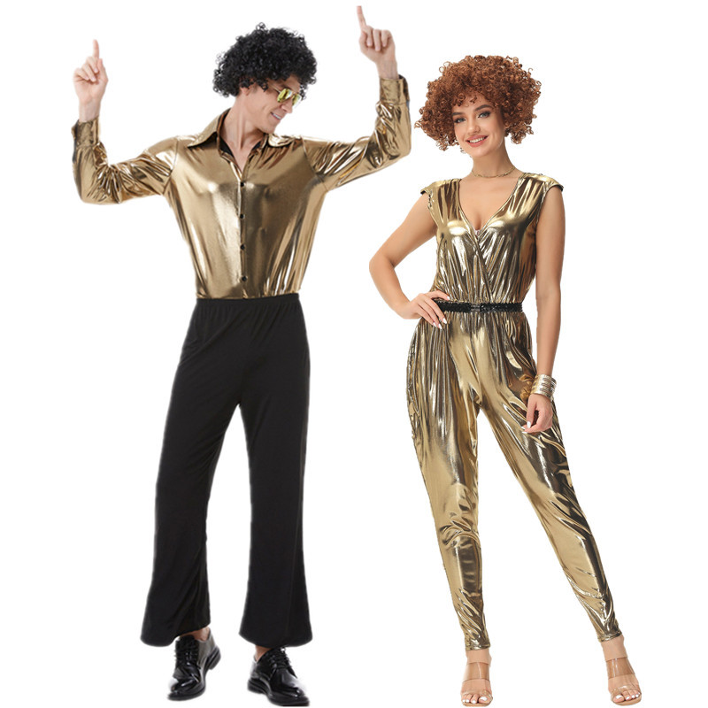Cross-border trendy street hip hop party shiny bar singer costume retro 80 s disco couple outfit