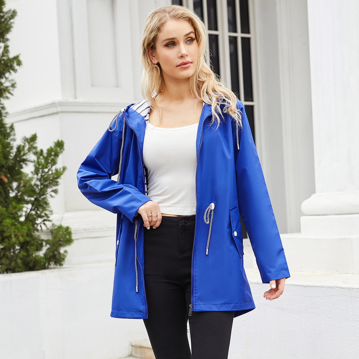 Picture of Autumn/Winter Coat European and American women's trench coat cross-border women's long hooded striped splash-resistant raincoat