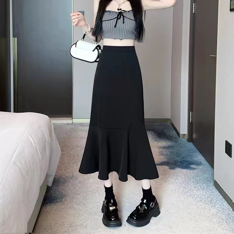 Kao Wax Baby Mid-length Fishtail Skirt Spring New Large Size Pear-shaped High Waist Slimming Black A- line Skirt