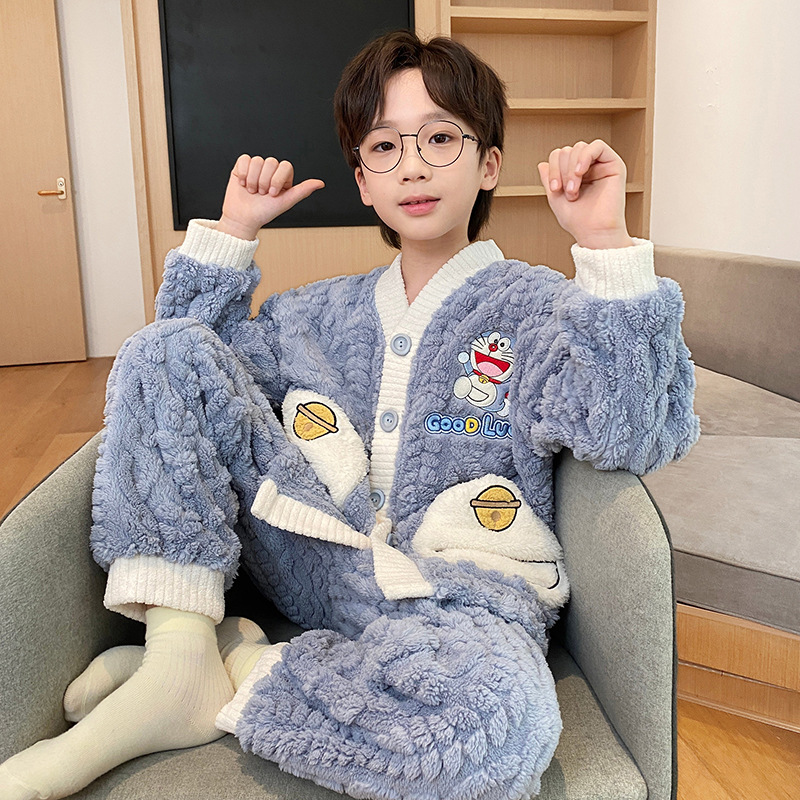 Picture of Children's coral fleece pajamas for boys autumn and winter 2024 new winter jacquard fleece home clothes for teenagers and little boys