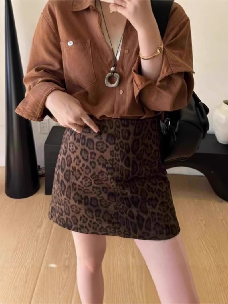 American-style Retro Leopard A- line Skirt Women's Autumn New High Waist A- line Skirt Anti-slip Small Slim Skirt