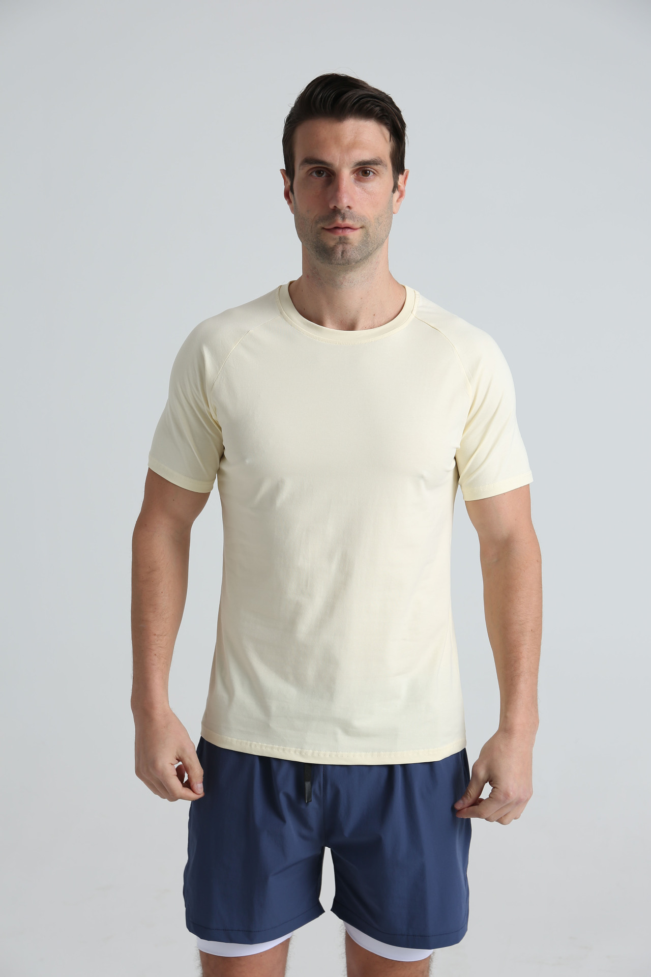 Picture of Summer European and American plus size sports fitness short sleeve men's cotton round neck solid color casual workout blank black T-shirt