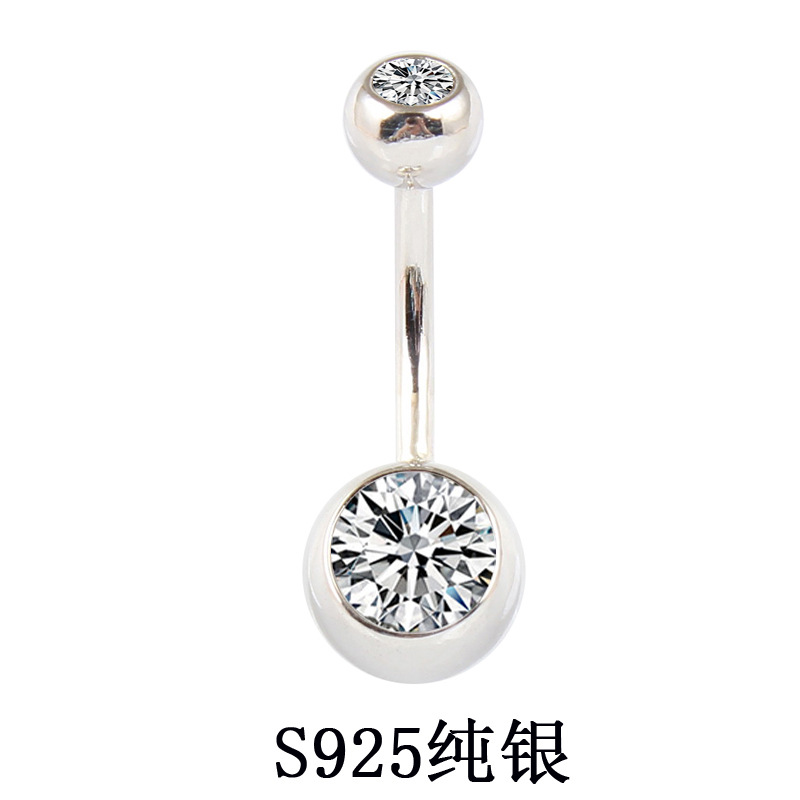 Not allergic! S925 whole sterling silver double zircon navel ring navel nail body piercing jewelry cross-border e-commerce hot