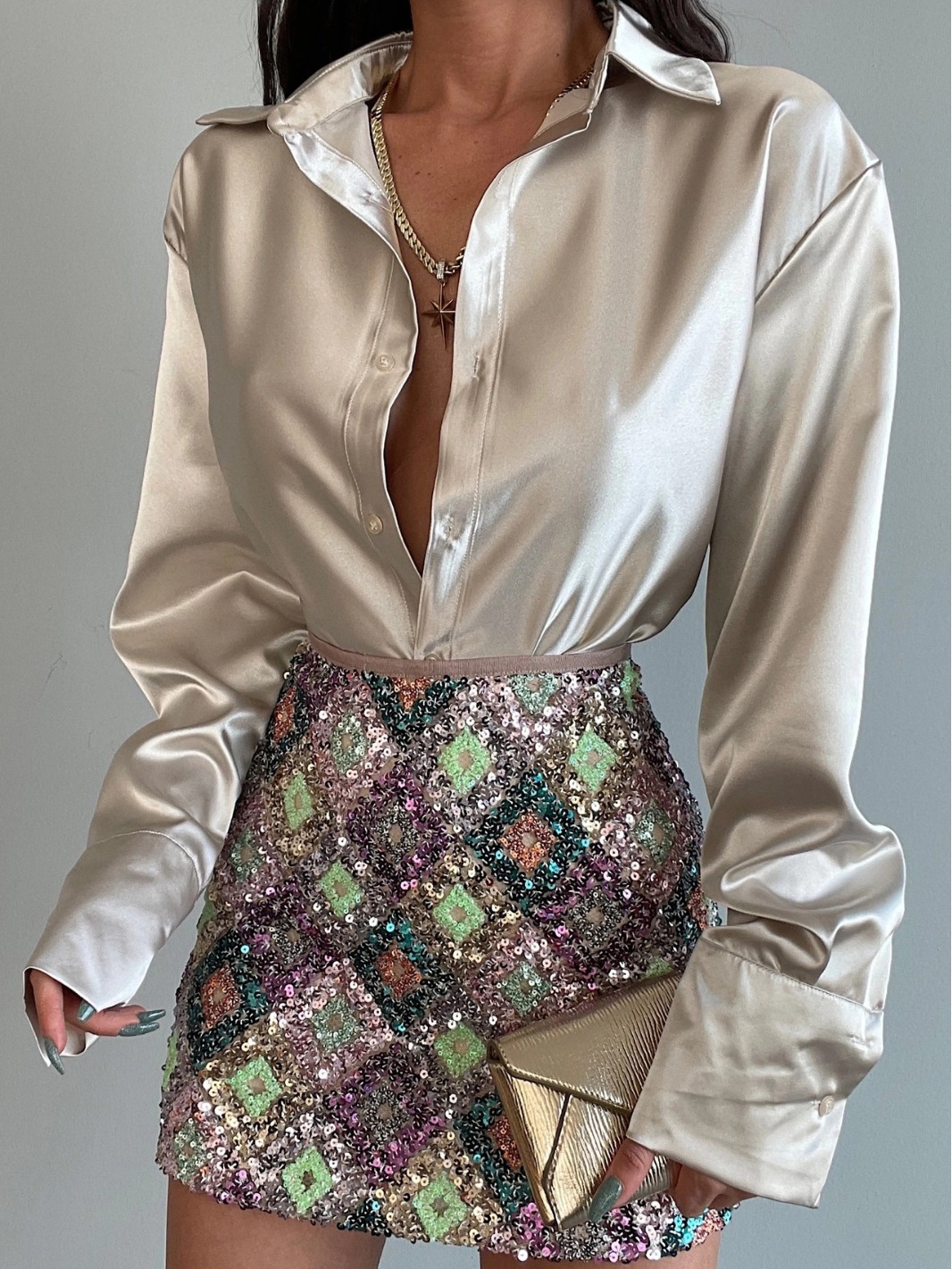Independent station European and American cross-border lapel long sleeve button temperament slimming satin shirt women Wholesale