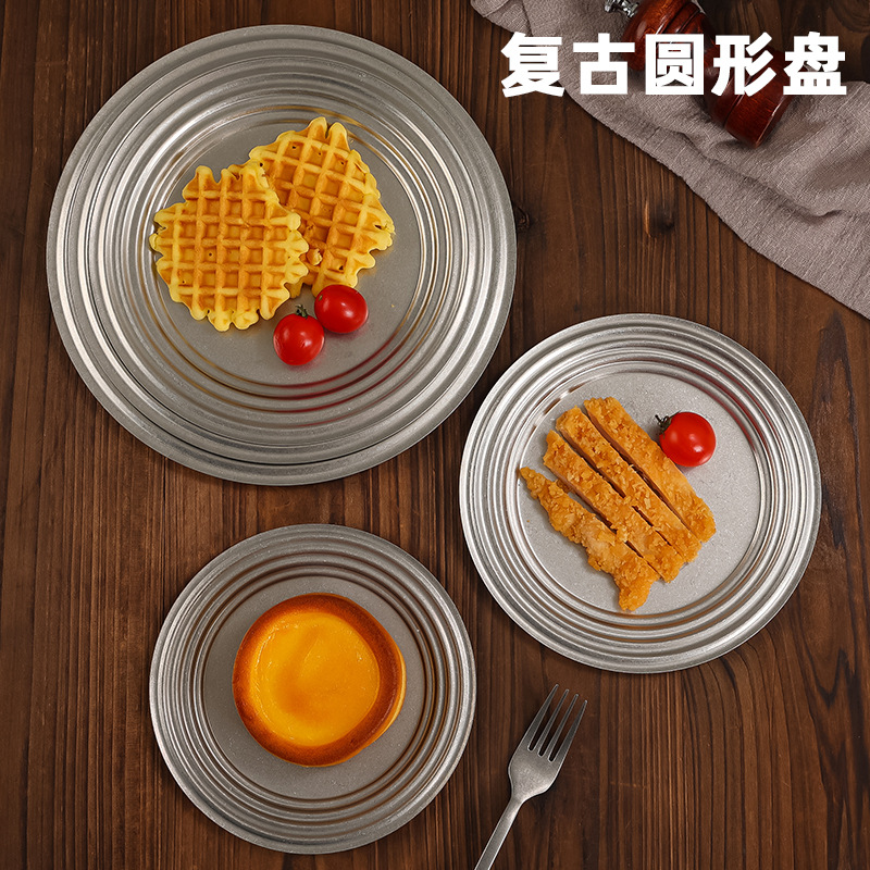Vintage Stainless Steel Disc Barbecue Flat Plate Dessert Plate Dinner Plate Cafe Tray Cake Plate Disc Commercial