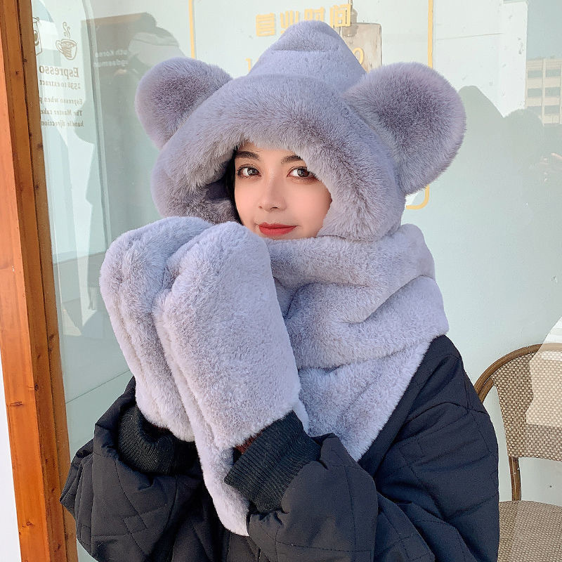 Picture of Winter plush hat scarf gloves one female rabbit autumn and winter three-piece cute thick scarf warm windproof