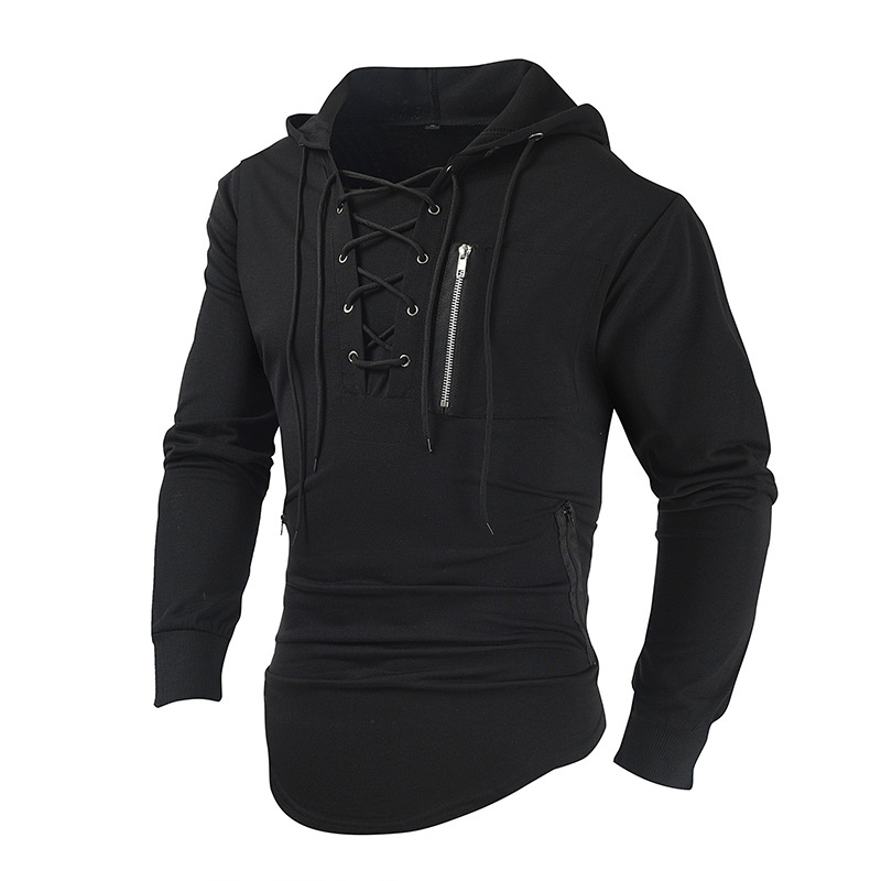 2025 Men's Spring and Autumn Hoodie Solid Color Lace-up Zipper Pocket Sports Streetwear Bronzing Sweatshirt