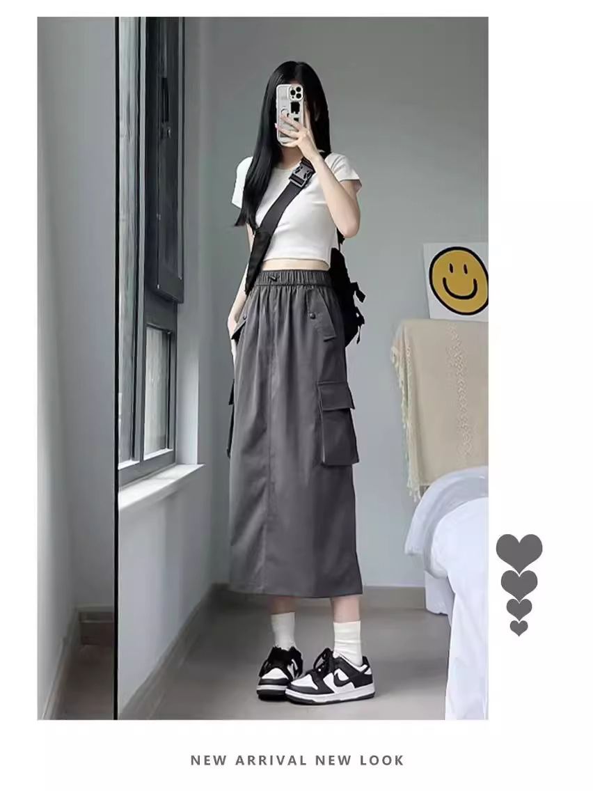 American Retro Workwear Skirt Women's Spring and Summer 2024 New High Waist A- Line Slimming All-Match Mid-Length Grey Skirt