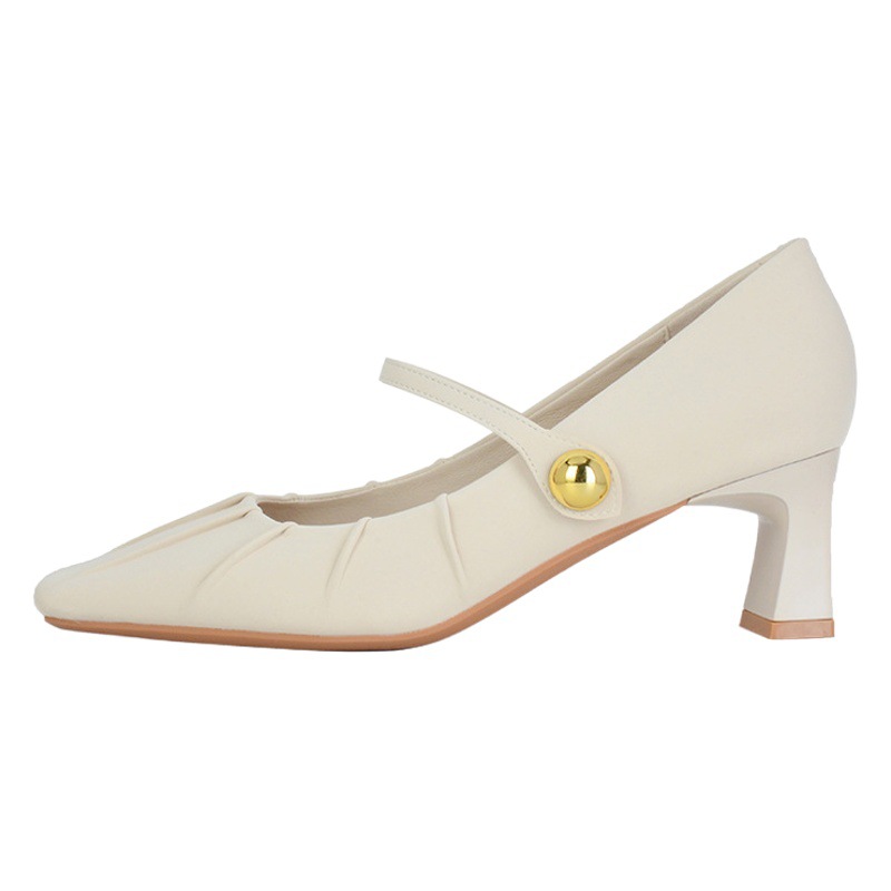 98376-6 French Pleated Fairy Mary Jane Shoes Shallow Mouth Chunky Heel Single Shoes Square Toe High Heels Spring and Autumn