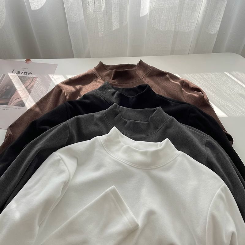 Warm velvet semi-high collar bottoming shirt! Winter Elegant All-match Solid Color Thickened Double-sided Velvet Slim-fit Long-sleeve Women