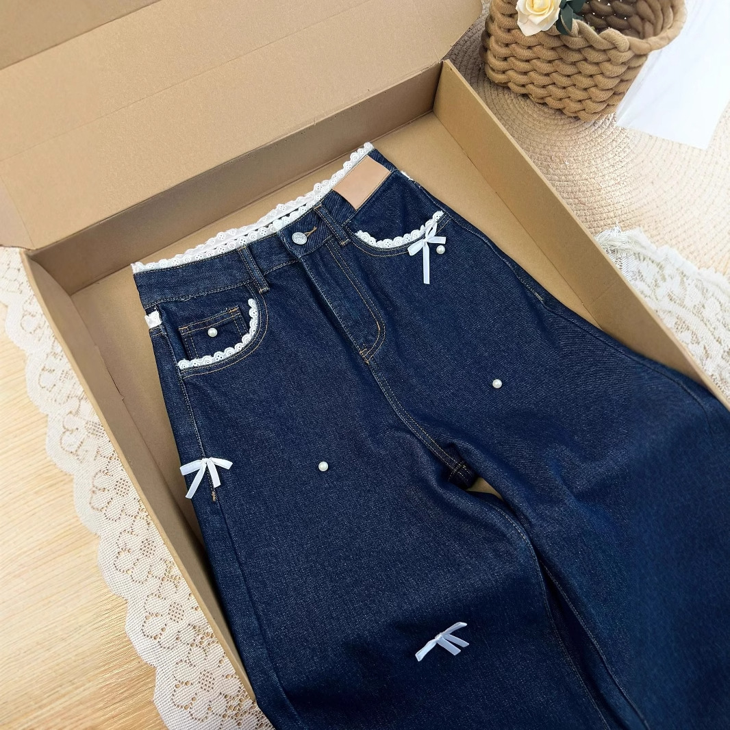 [Non-real shot] Sweet Lace Waist Design Sense Straight Jeans Women's Loose Small Slim-fit Mopping Pants