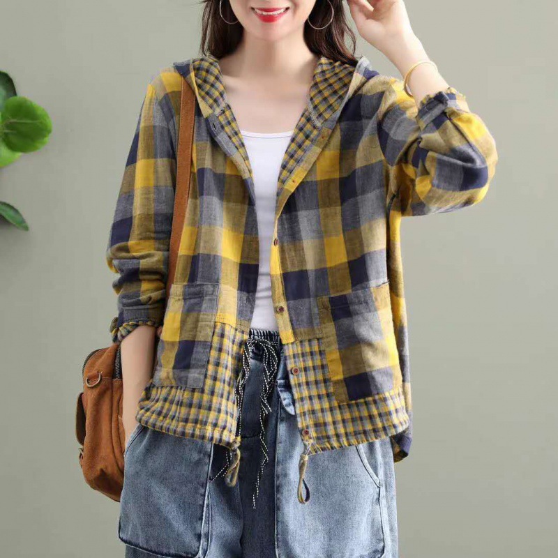 2025 Spring and Autumn Literary Cotton Hooded Plaid Short Jacket Women's Double Layer Cotton Yarn Loose Casual Shirt