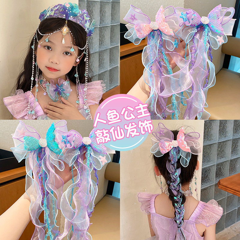 Super Fairy Children Mermaid Princess Bow Hairpin Headwear Sweet Girls Mermaid Hairband Headband Girls' Necklace