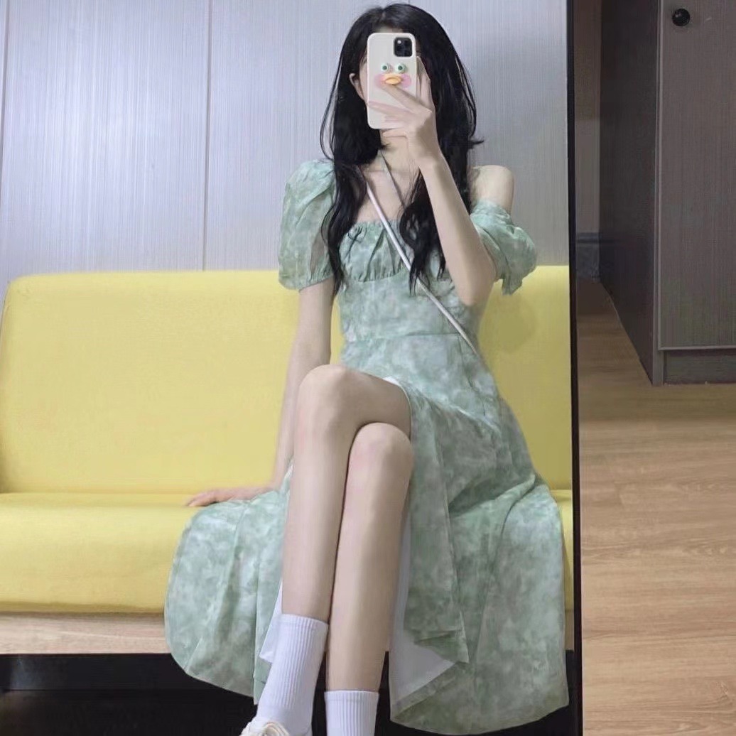 Summer New Gentle Style Green Floral dress Women's French Style Retro Design Sense Slimming Elegant Mid-length Skirt