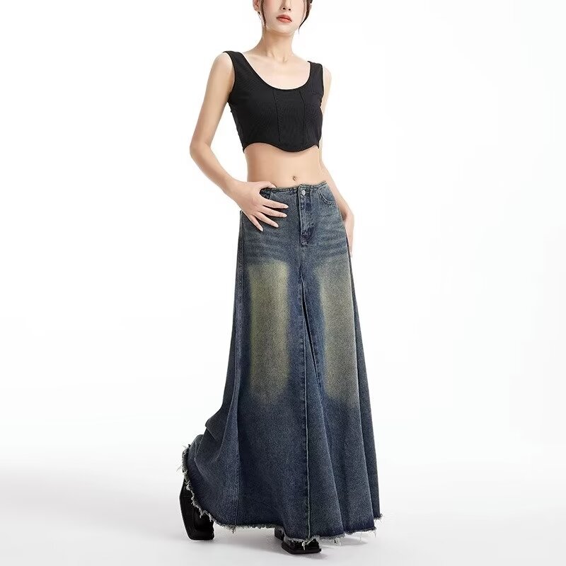 Vintage High Waist Large Swing Denim Skirt Women's 2024 New Summer American Style Fur Edge Slim A- line Long Skirt