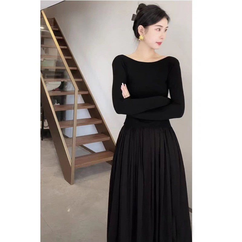Korean-style U-neck Double-sided Backless Long-sleeved dress Women's 2023 Early Autumn Tight Waist Slimming Long Dress