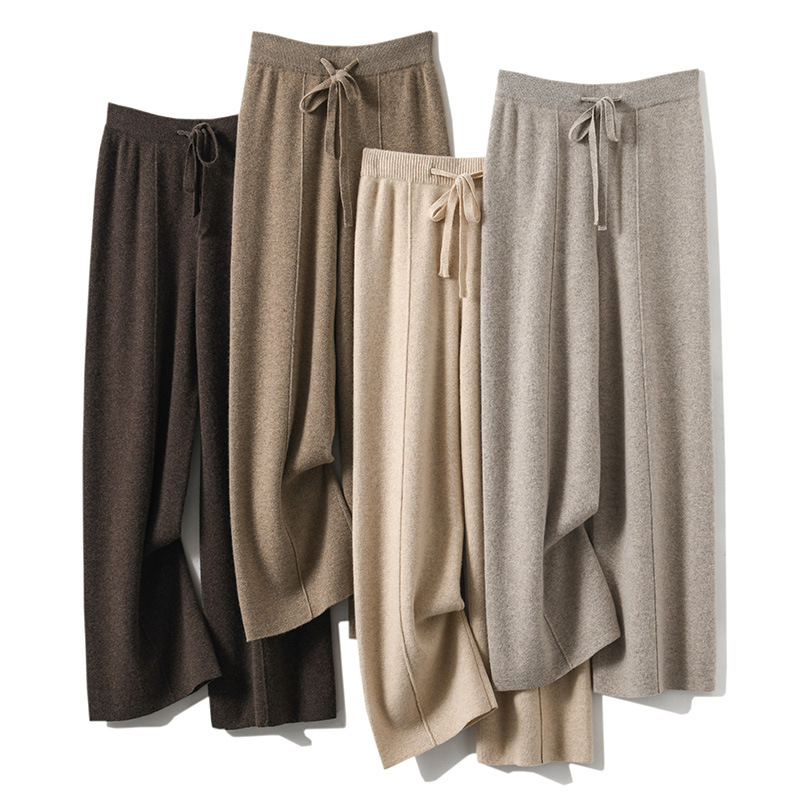 Autumn and Winter New Korean Style Women's High-Waisted Warm Knitted Wide-Leg Straight Pants Women's Solid Color Loose Wide-Leg Pants Milk White