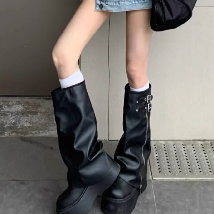 Genuine Leather Big Head Pants Tube Boots Sweet Cool Style Spice Girls Heap Boots Thick Bottom Western Boots But Knee Long Boots High Knights Boots
