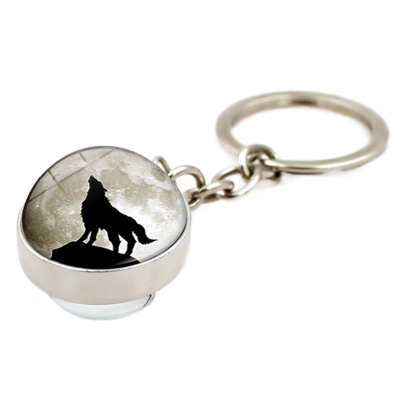 Howling wolf howling moon luminous keychain pendant cross-border hot products double-sided glass ball key chain hanging jewelry wholesale