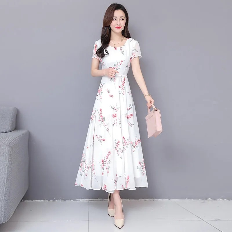 Picture of Fashion dress women's 2022 summer new floral short sleeve midi dress elegant slimming large swing dress for women