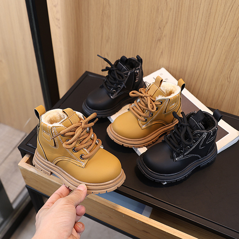 Winter New Little Boys Classic Warm Martin Boots Girls Thickened Leather Boots Children's Non-Slip Fleece Cotton Boots