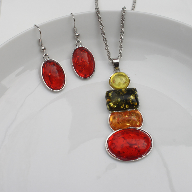 European and American Cross-border Fashion Color Amber Earrings Necklace suit Retro Exaggerated Oval Amber suit Crystal