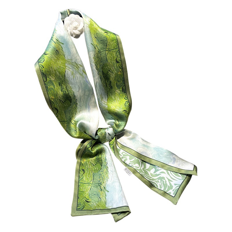 Hangzhou silk scarf green national wind mulberry silk ribbon women's spring and autumn with double silk long scarf 150*15cm scarf