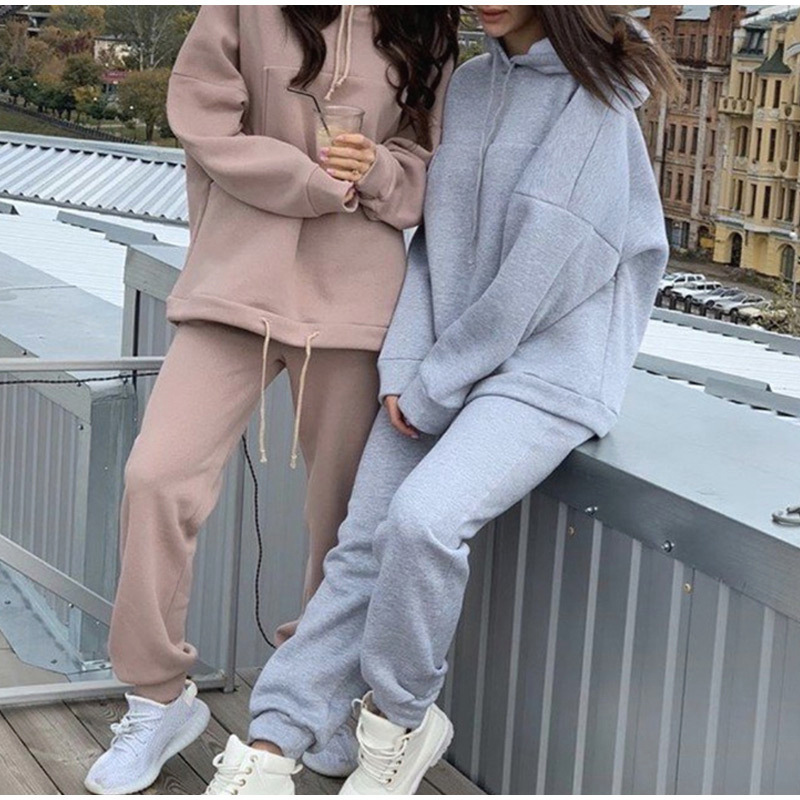 2023 Amazon Hot Selling European and American Spring and Autumn New Fashion Large Pocket Solid Color Sweatshirt Casual Two-Piece Set