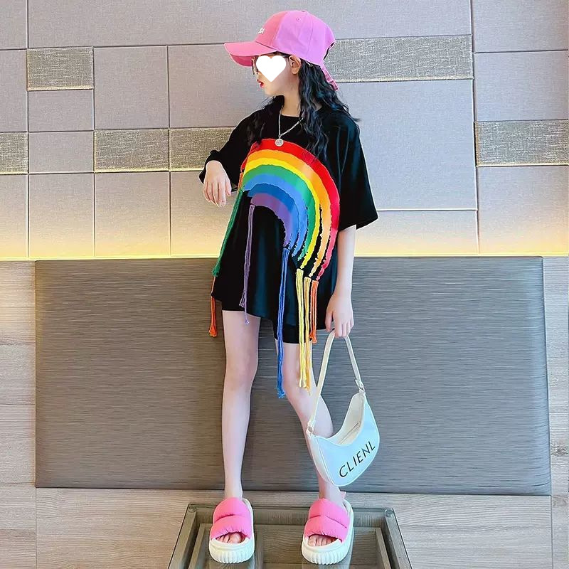 Girls' Summer T-shirt Skirt Korean Style Long Skirt 2024 New Fashionable Short-sleeved Round Neck Loose Trendy Mid-length Skirt