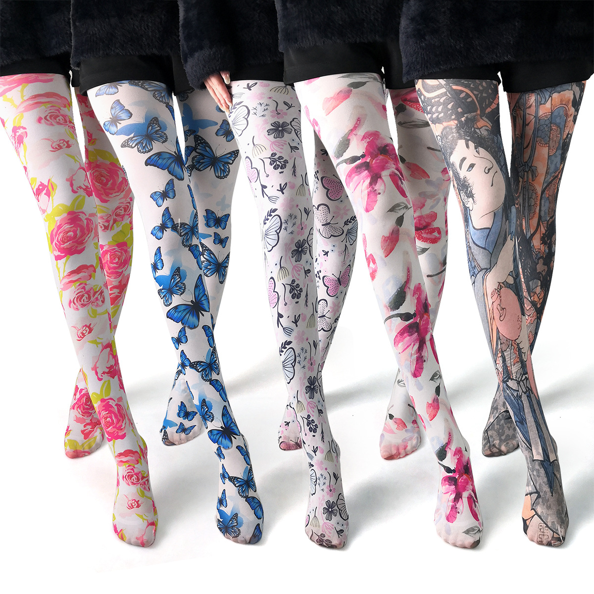 Cross-border thin printed pantyhose spring and autumn versatile butterfly wild abstract retro stockings women's socks anti-snagging wholesale