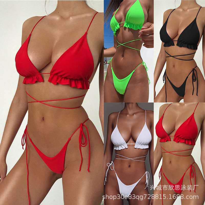 Amazon 2020 new split swimsuit Women's European and American solid color triangle bikini double-sided split long rope swimsuit