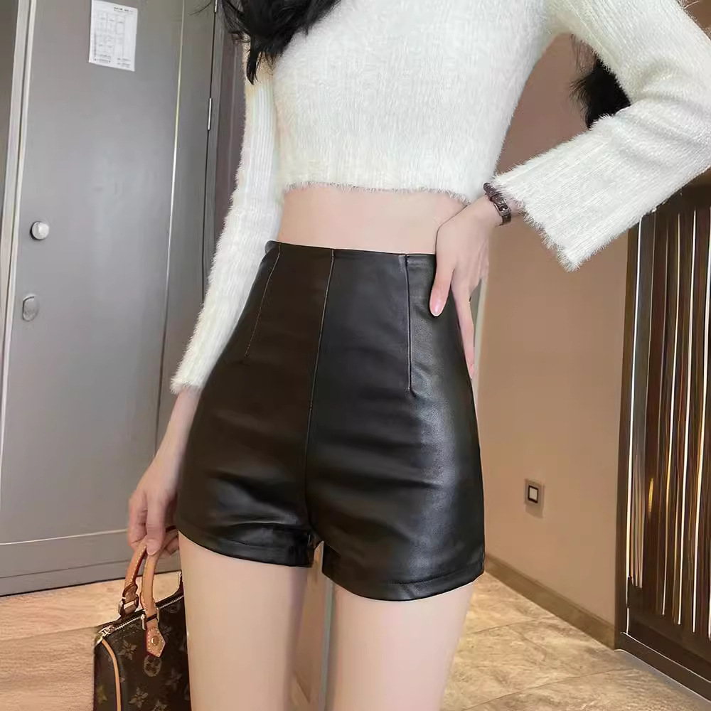 Early Autumn New Women's Leather Shorts High Waist Slimming PU Leather Hip Tight Ultra Short Sexy Hot Pants All-match Base Black