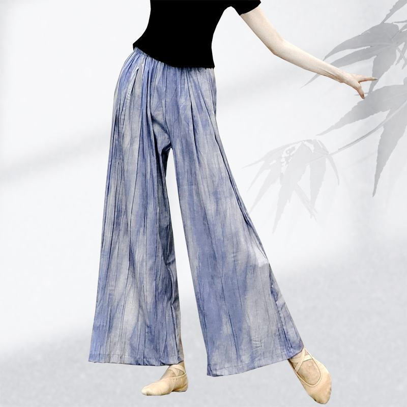 New Chinese Style Dance Practice Costume Female Ethnic Classical Dance Printing Ink Pleated Trousers Wide Leg Pants for Adults